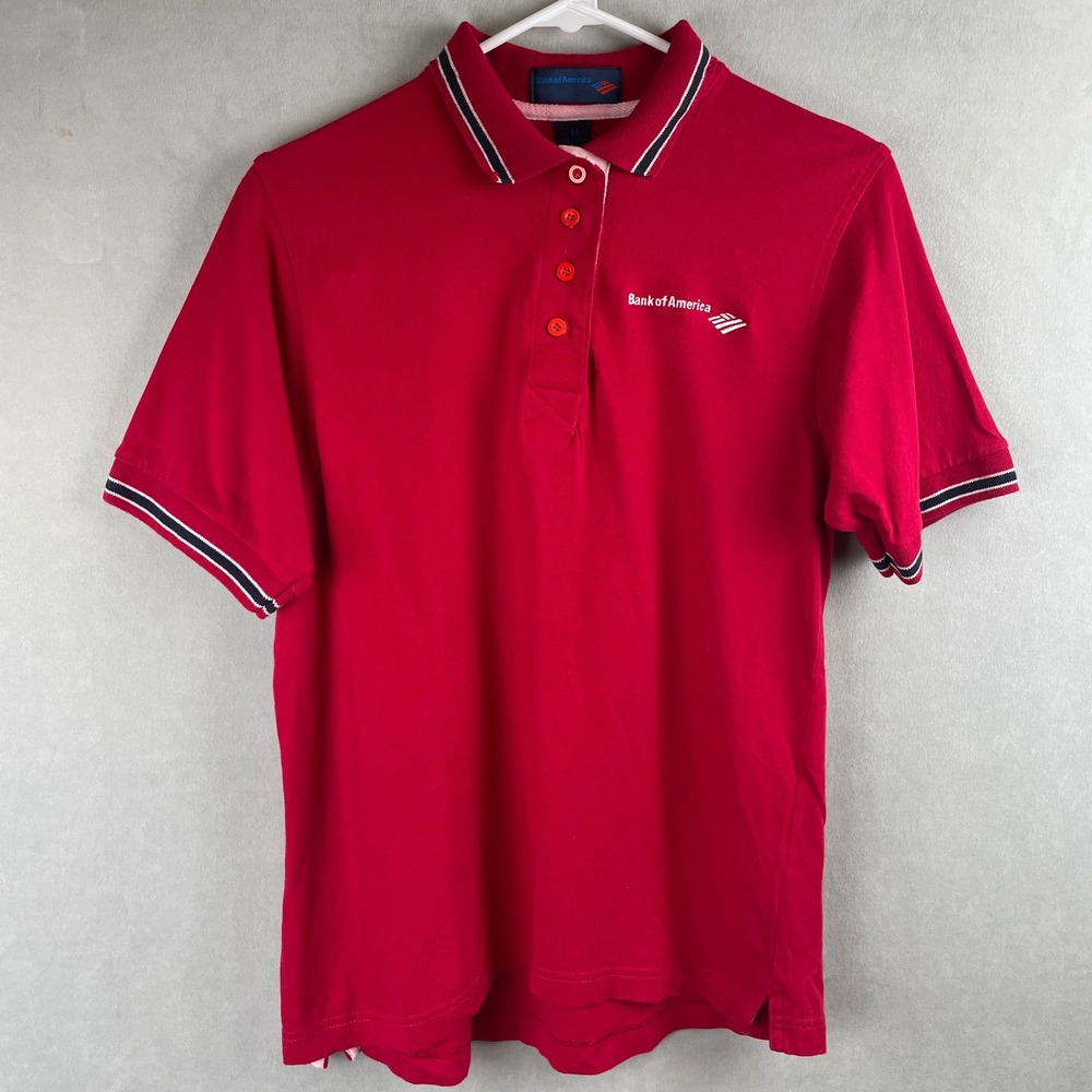 VTG Bank of America Wmns M Red Polo Shirt Short Sleeve Cotton Logo Corpcore Prep